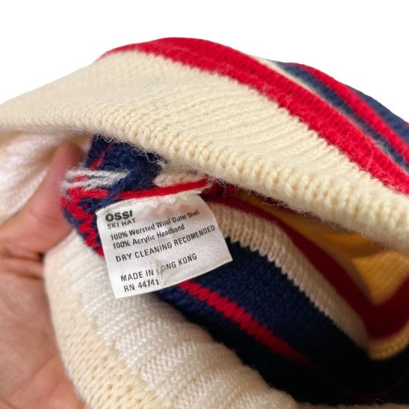 Vintage Ossi Striped Ski Snow Beanie 100% Worsted Wool Warm Knit- Pom Pom - Picture 3 of 5